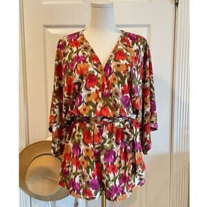 Floral Print Romper – Long Kimono Style Sleeve Boho Mini Shorts Size Small